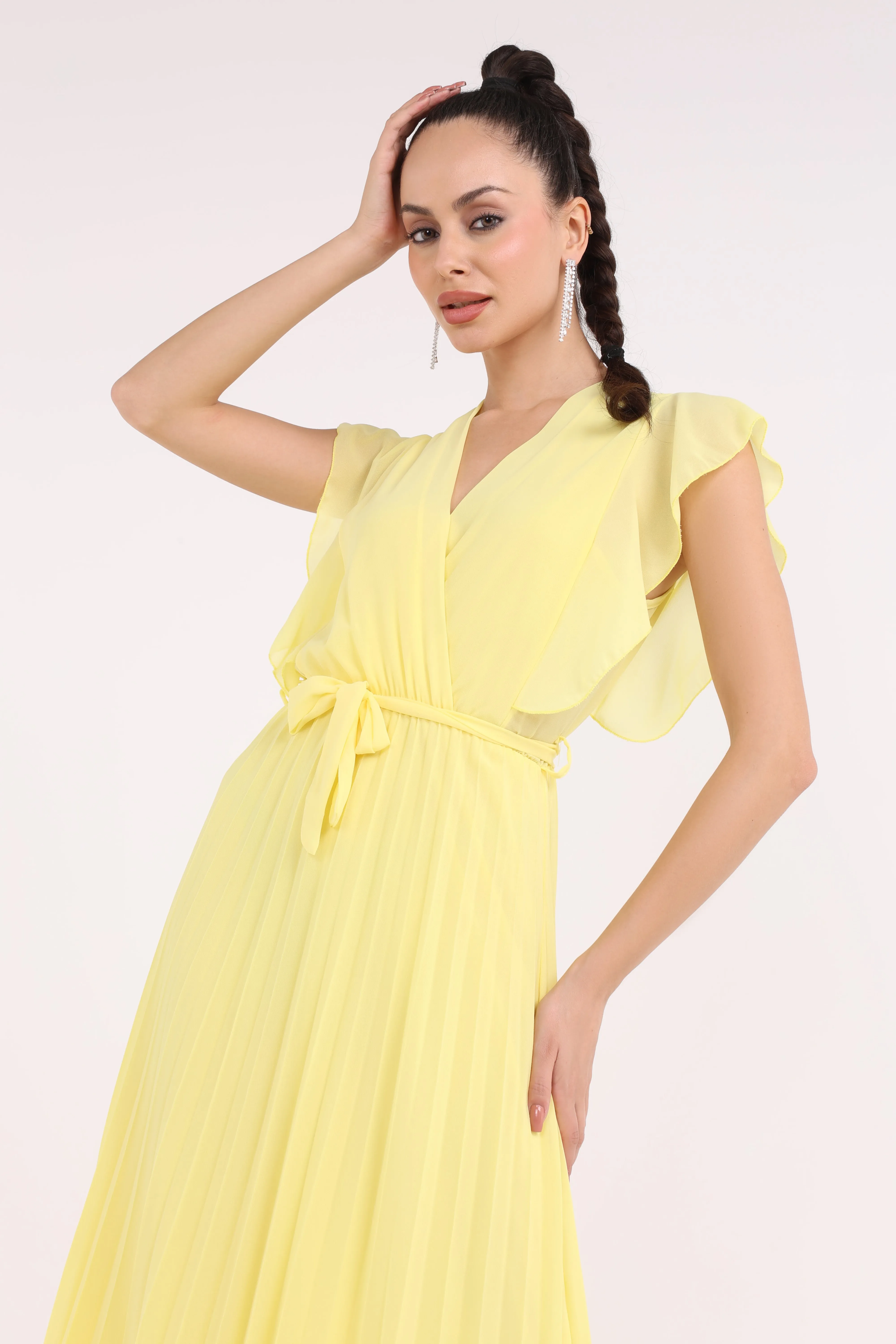 2454002-Ruffled Sleeved Pleated Maxi Solid Dress