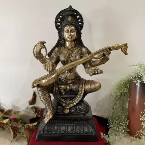 29 Inches Goddess Saraswati Brass Idol Statue Dual Finish