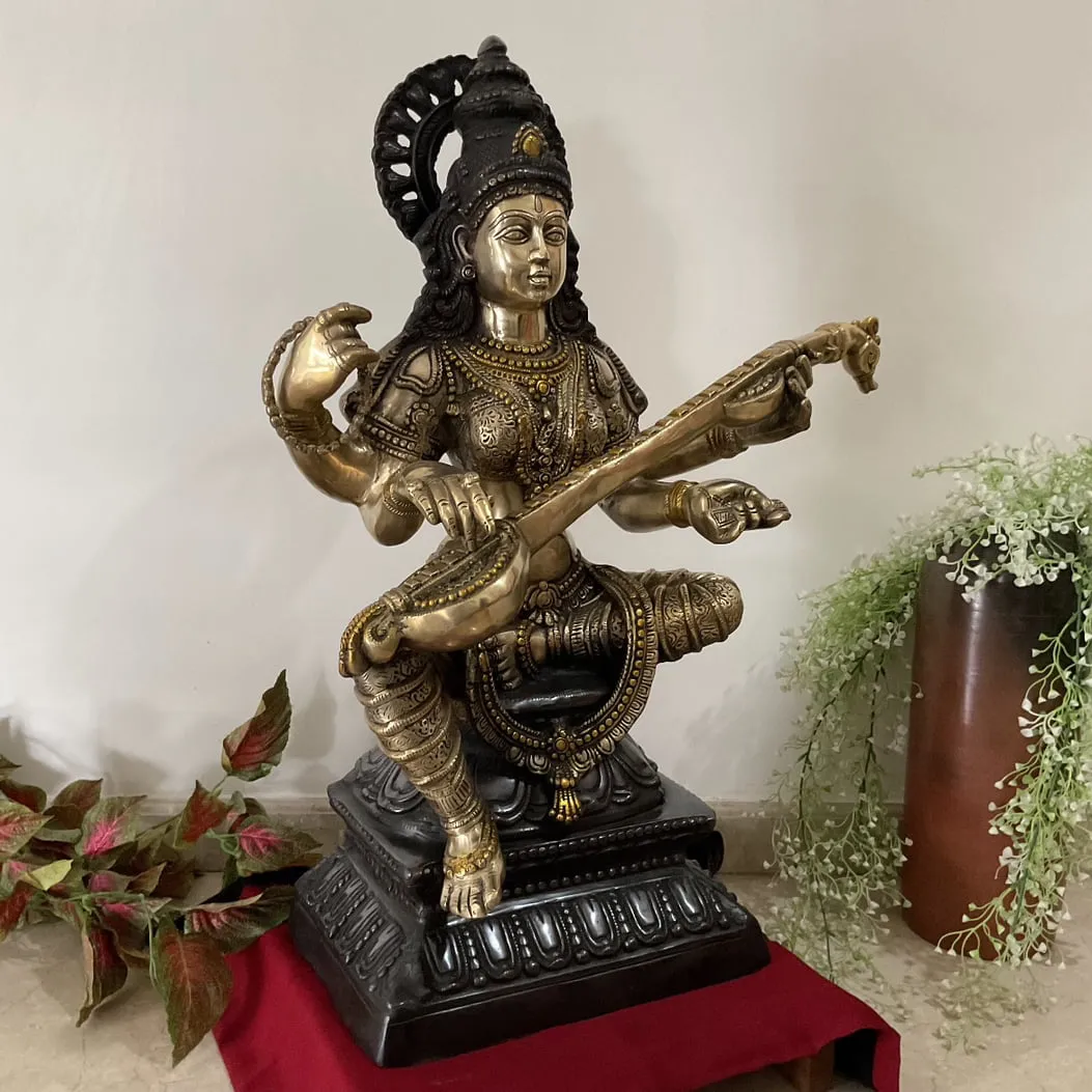 29 Inches Goddess Saraswati Brass Idol Statue Dual Finish