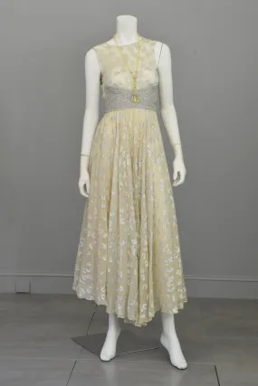 60s 70s Silver Metallic Lame on Cream Chiffon Maxi Dress Gown Adele Simpson