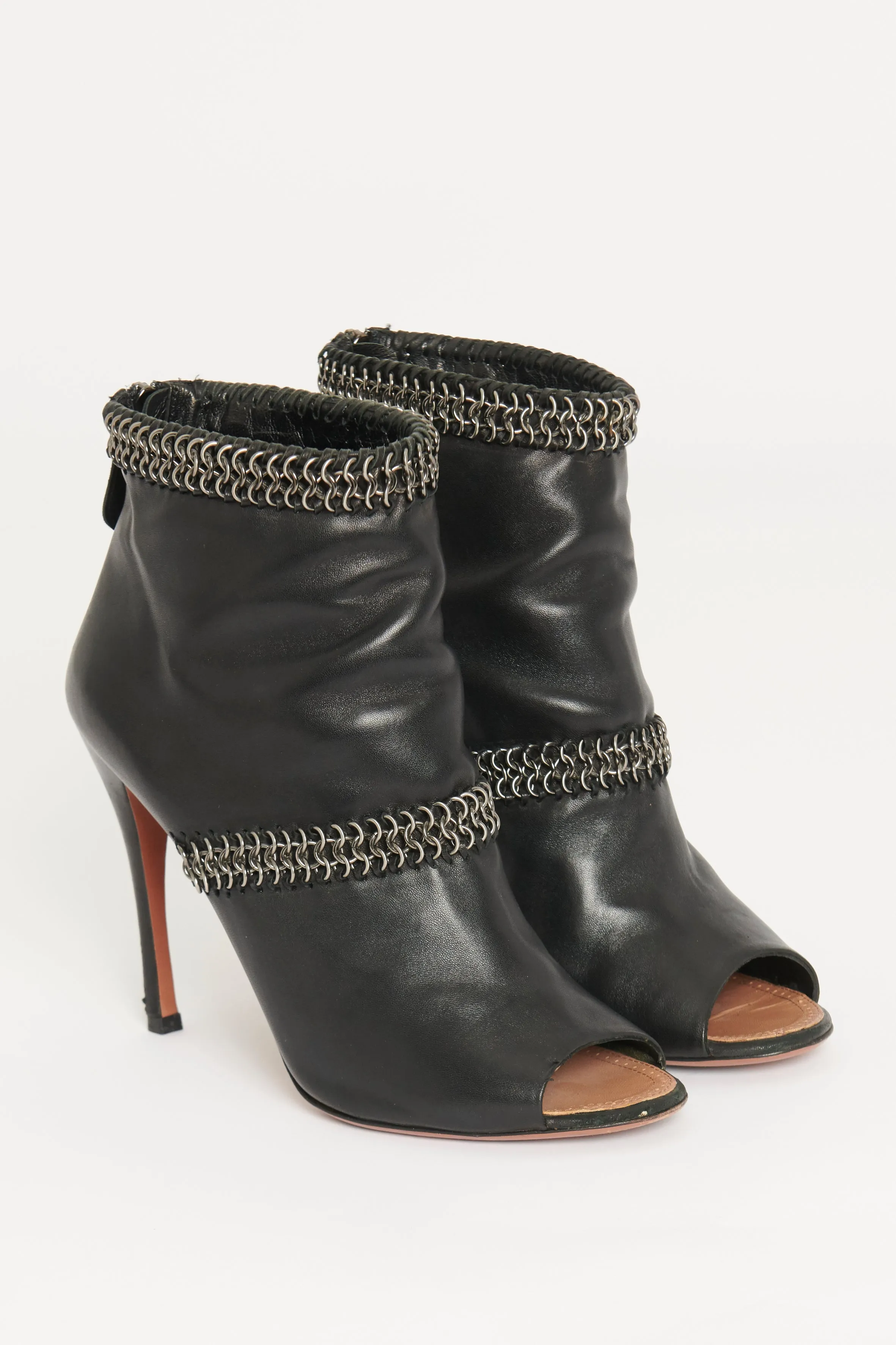 Black Leather Peep Toe Preowned Boots with Metal Rings