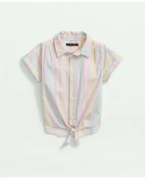 Brooks Brothers Girls Cotton Tie Front Short Sleeve Striped Shirt Pink