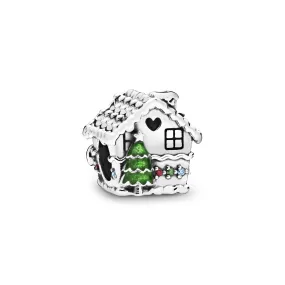 Ginger bread house sterling silver charm with red, dark green and blue cubic zirconia, red, white and green enamel