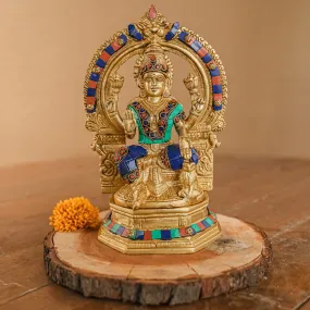 Goddess Laxmi Brass Stonework Idol With Yali Prabahavali - Pooja Murti - Goddess of Fortune, Wealth, Prosperity