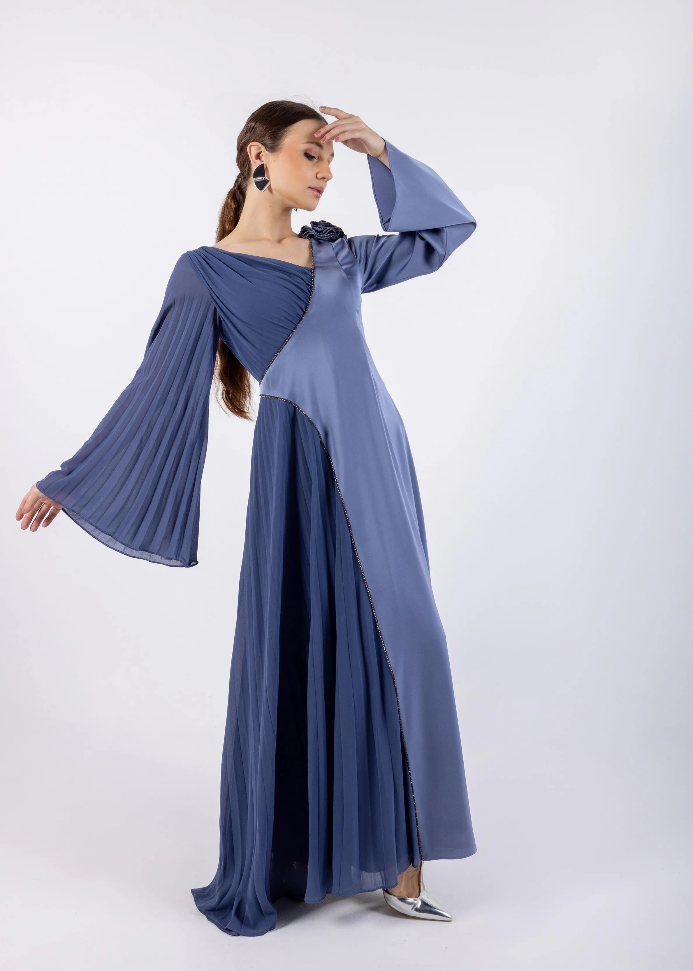 Half Pleated & Solid Asymmetrical Dress