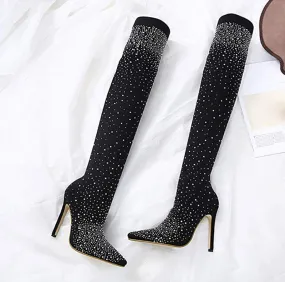 Women Crystal Stretch Fabric Sock Boots Pointy Toe Over The Knee