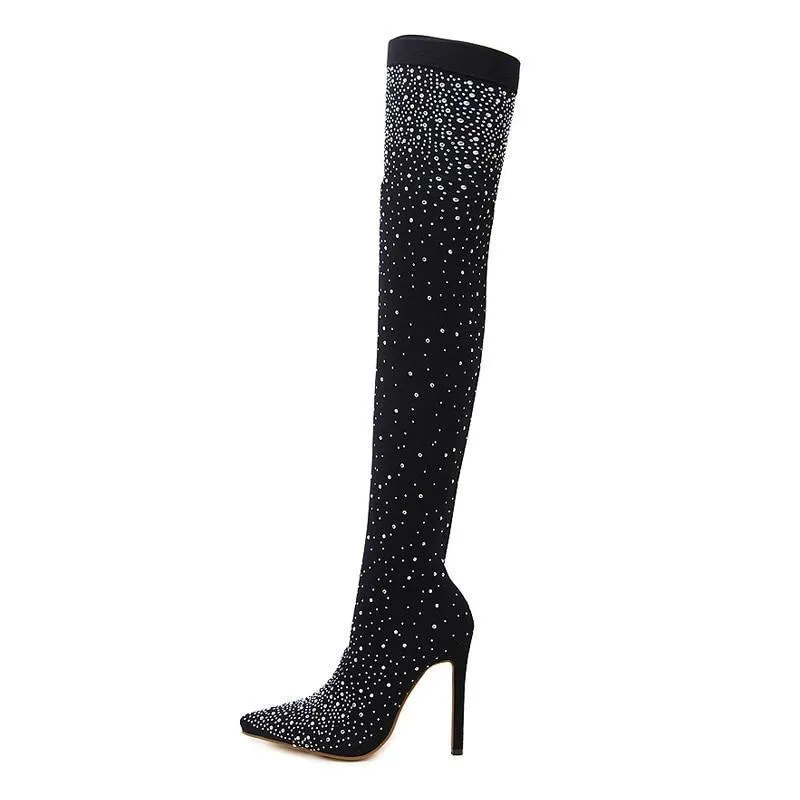 Women Crystal Stretch Fabric Sock Boots Pointy Toe Over The Knee